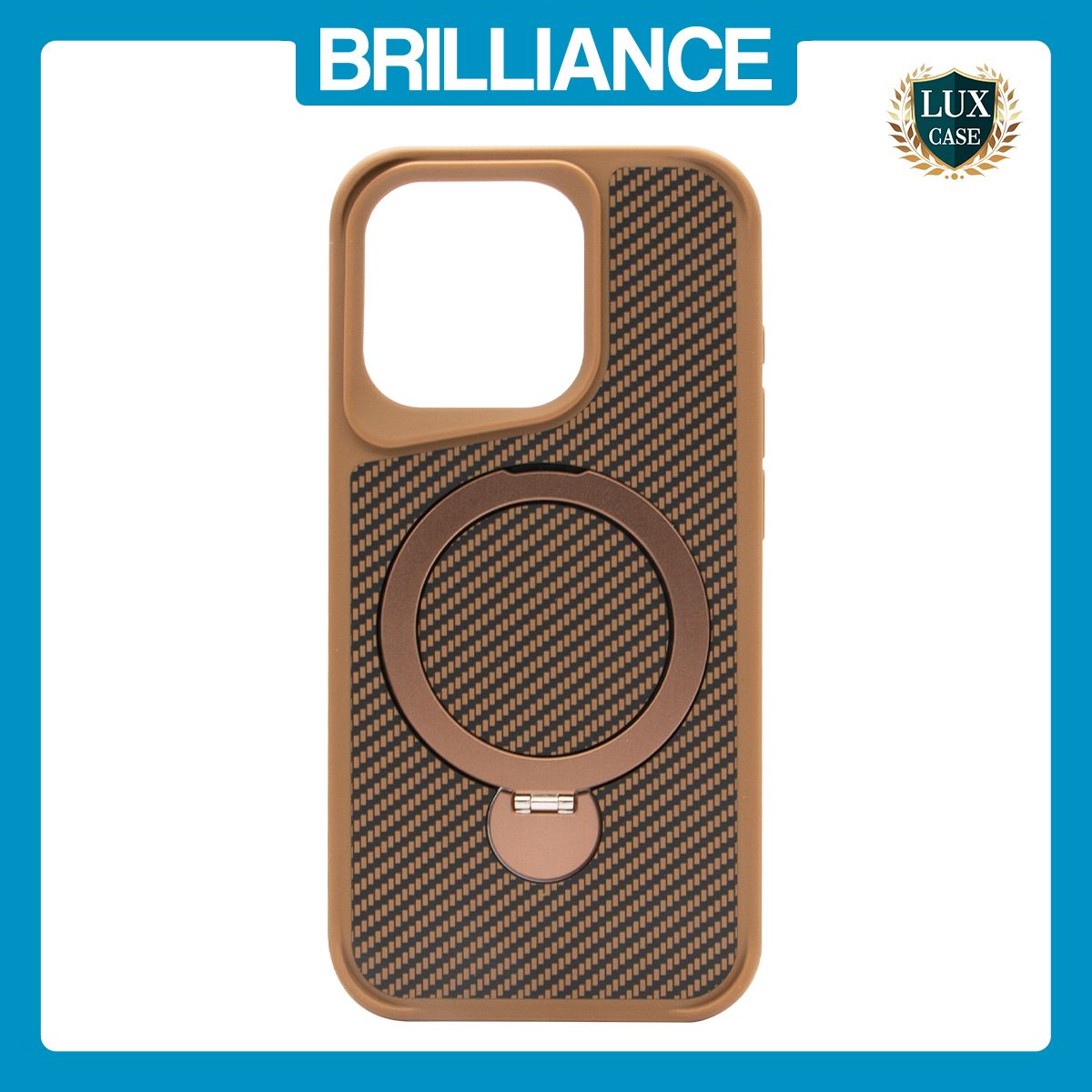 Brilliance LUX iPhone 15 Pro 360° Rotating Magnetic Metal Bracket Carbon Fiber Pattern Matte PC+TPU Phone case Gold