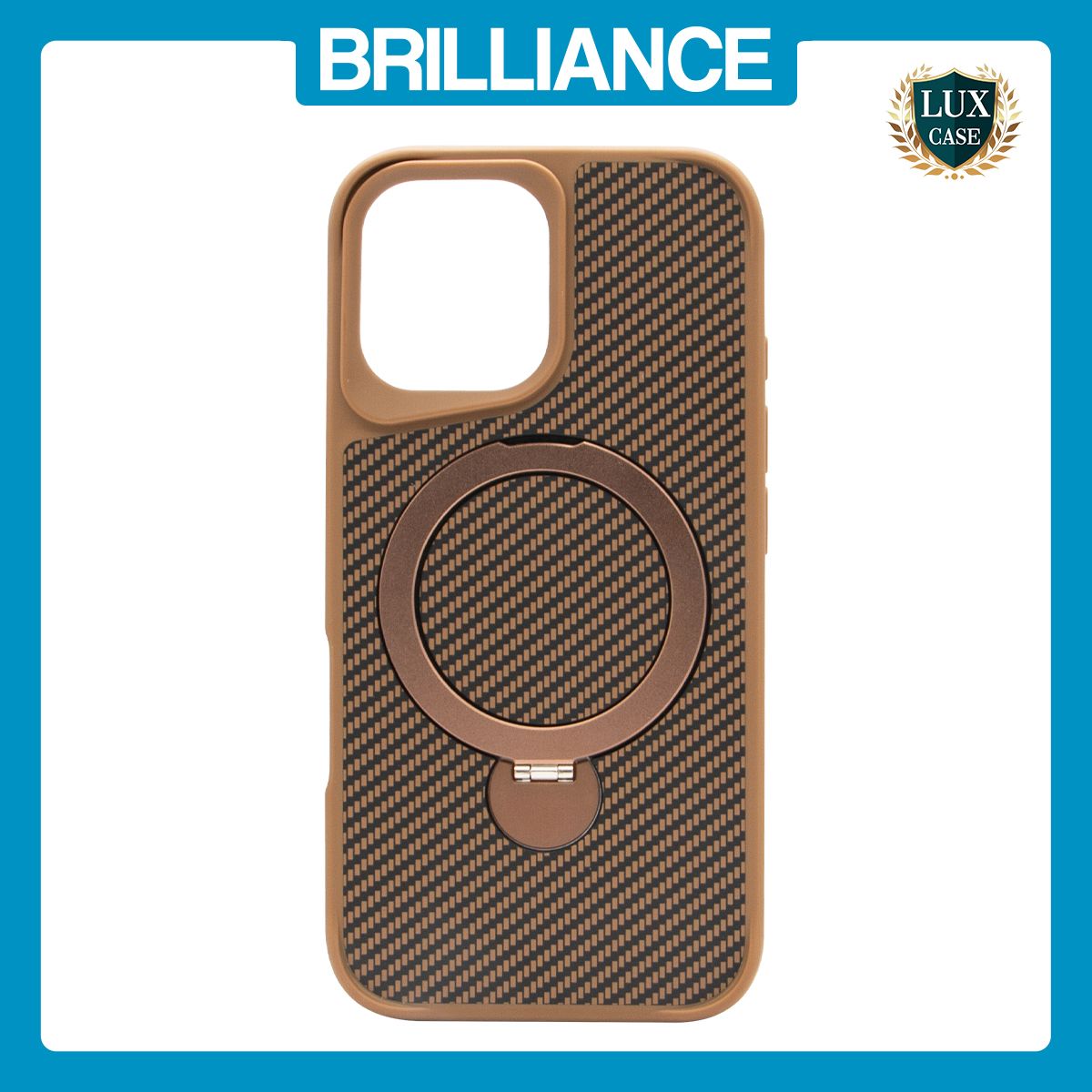 Brilliance LUX iPhone 16 360° Rotating Magnetic Metal Bracket Carbon Fiber Pattern Matte PC+TPU Phone case Gold