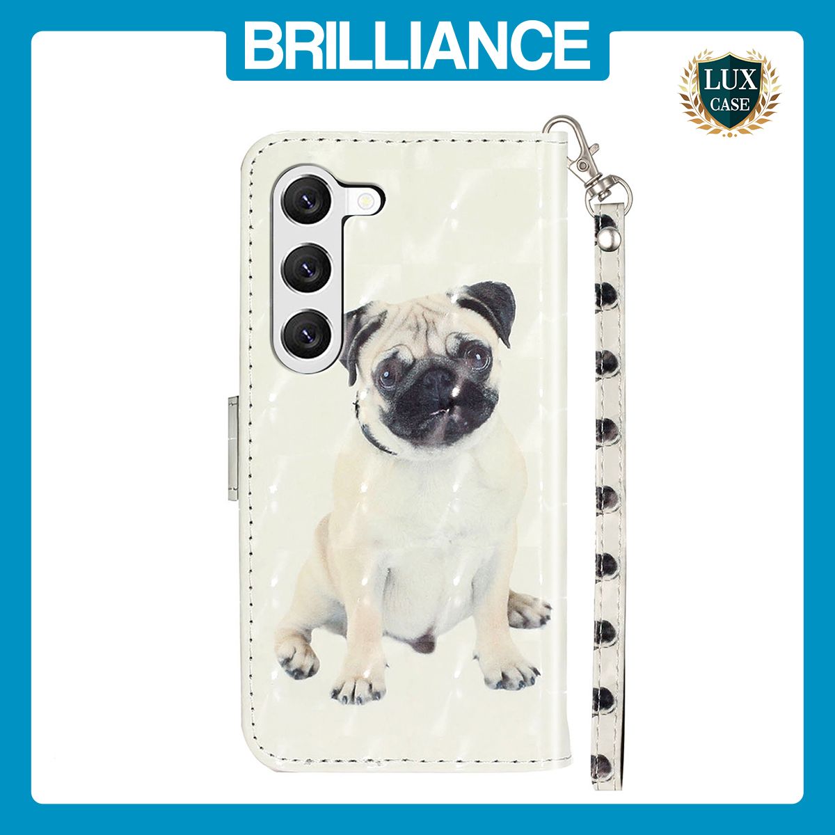 Brilliance LUX Samsung S23 Flip PU Leather Wallet 3D Print Dog with Wrist Strap Case