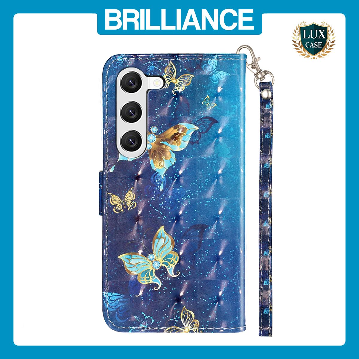 Brilliance LUX Samsung S23 Flip PU Leather Wallet 3D Print Butterfly with Wrist Strap Case Blue