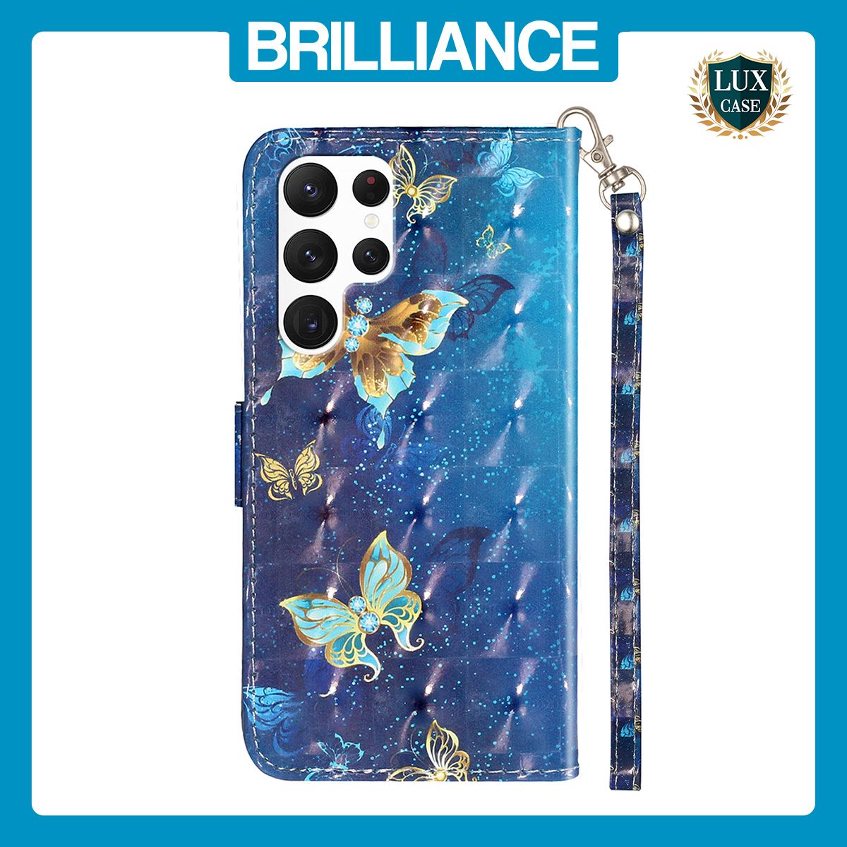 Brilliance LUX Samsung S23 Ultra Flip PU Leather Wallet 3D Print Butterfly with Wrist Strap Case Blue