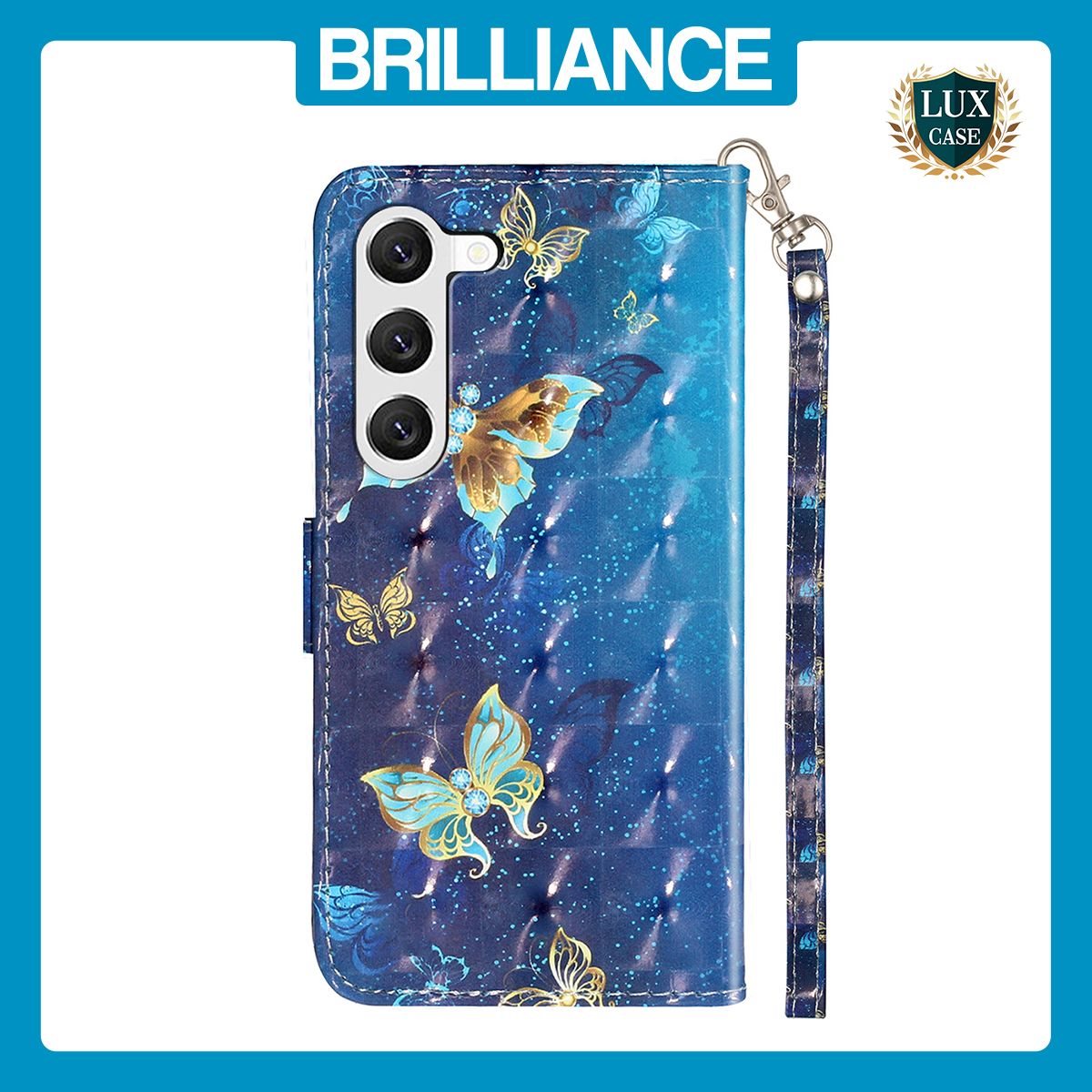 Brilliance LUX Samsung S24 Plus Flip PU Leather Wallet 3D Print Butterfly with Wrist Strap Case Blue