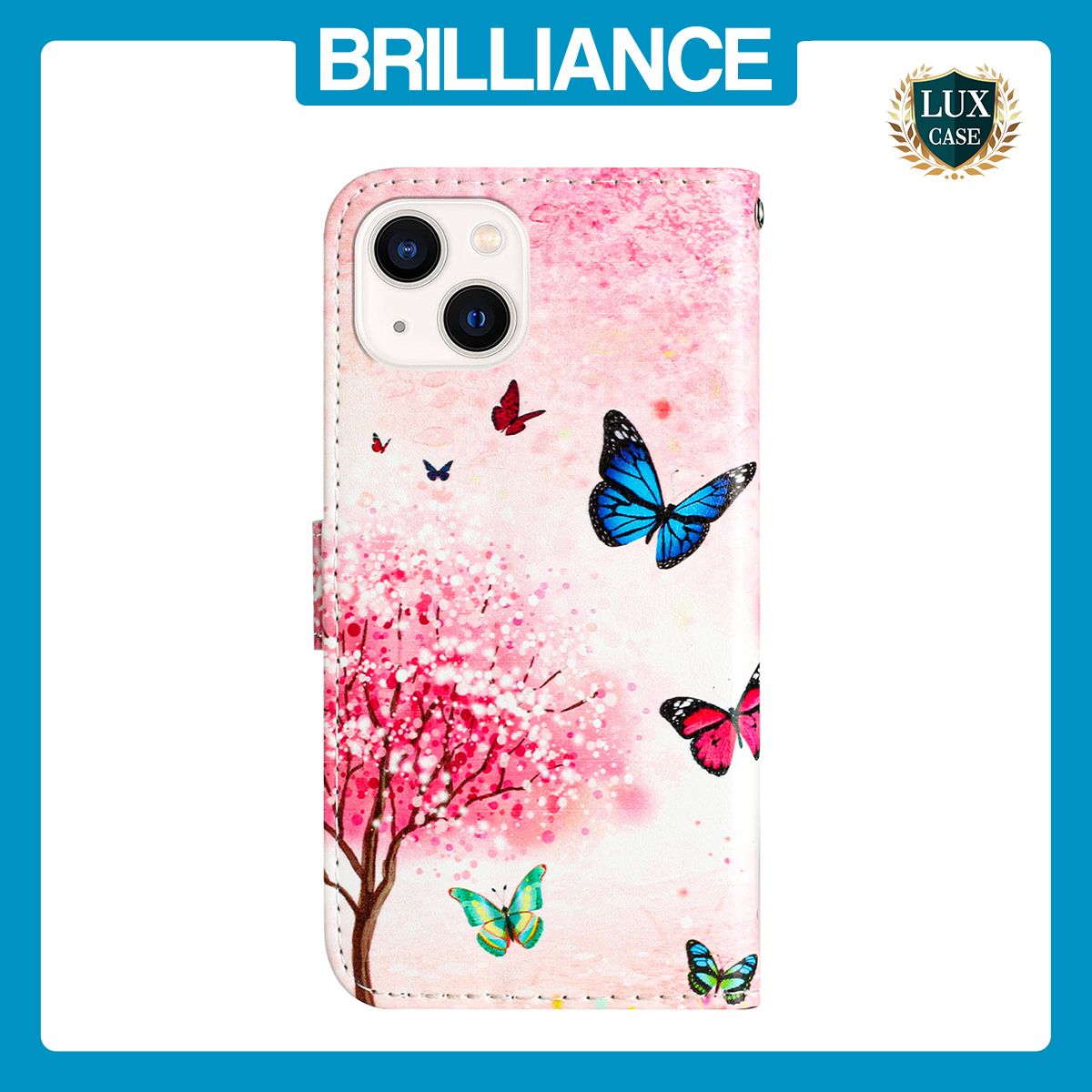 Brilliance LUX iPhone 13 Flip PU Leather Wallet 3D Print Cartoon Butterfly Flower with Wrist Strap Case