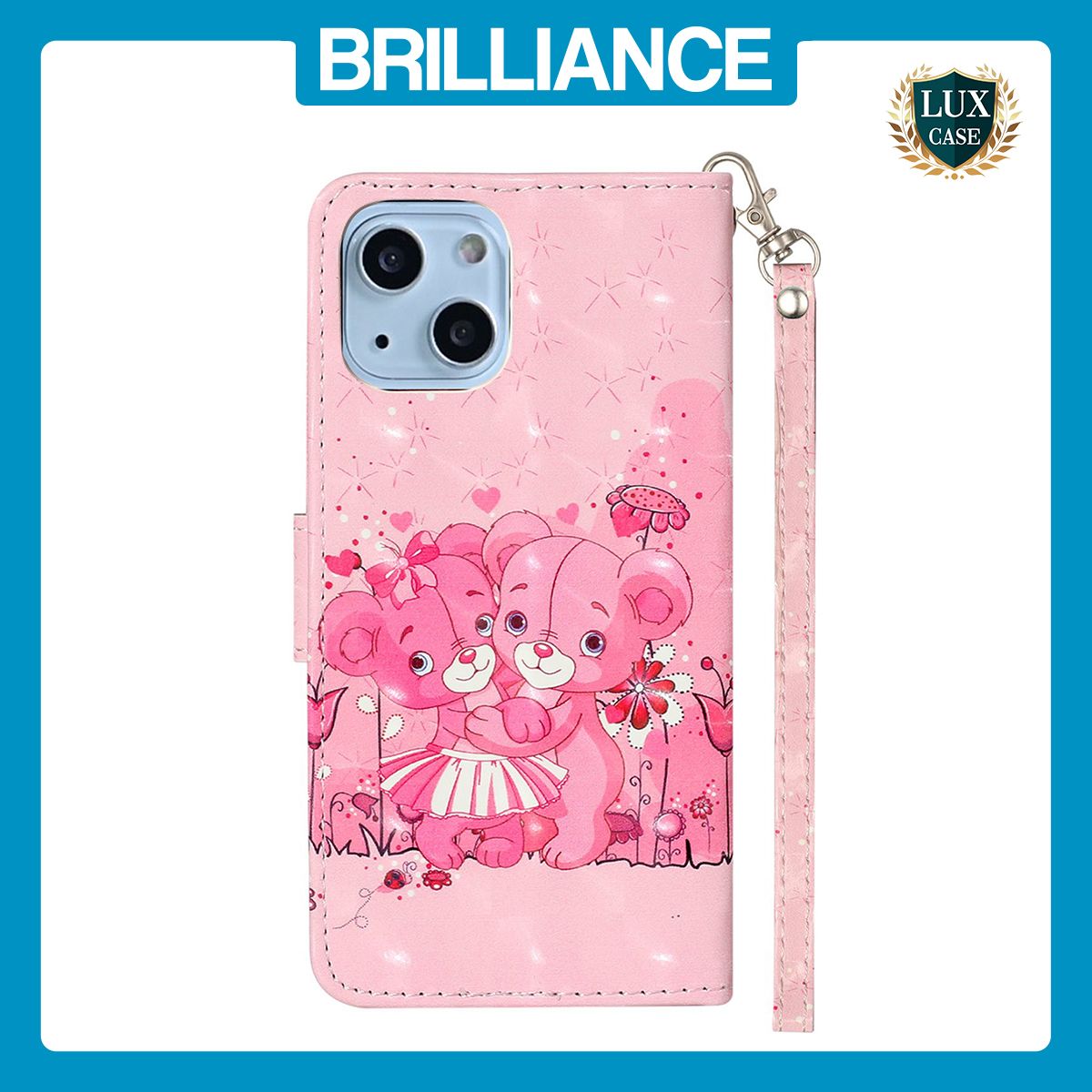 Brilliance LUX iPhone 14 Plus Flip PU Leather Wallet 3D Print Pink Bear with Wrist Strap Case