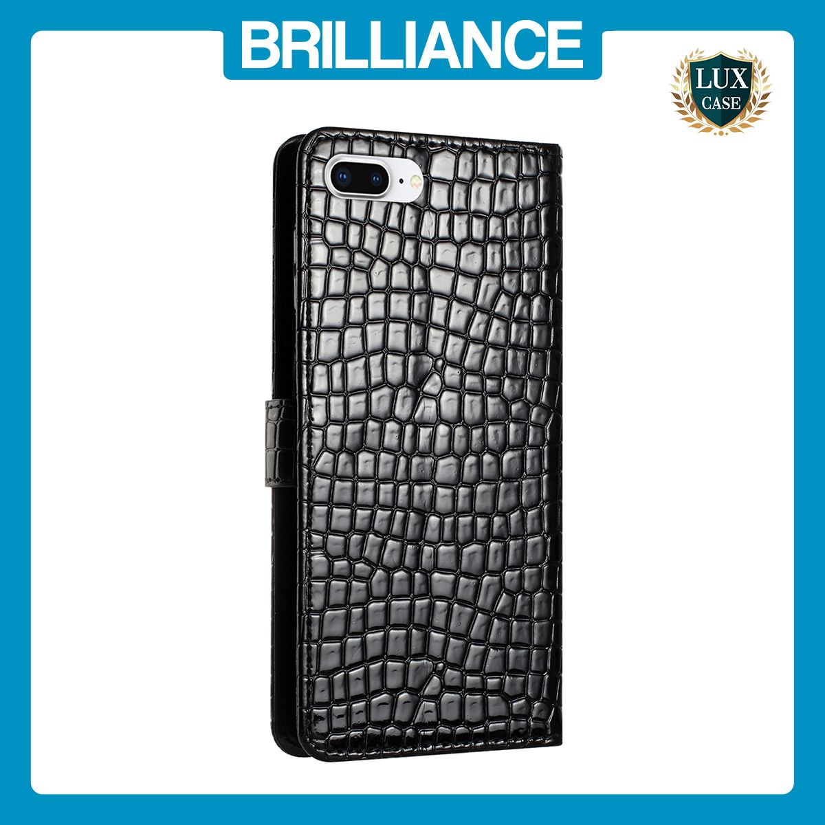 Brilliance LUX iPhone 6P/7P/8P Flip PU Leather Wallet Crocodile Print Card Pockets with Wrist Strap Case Black