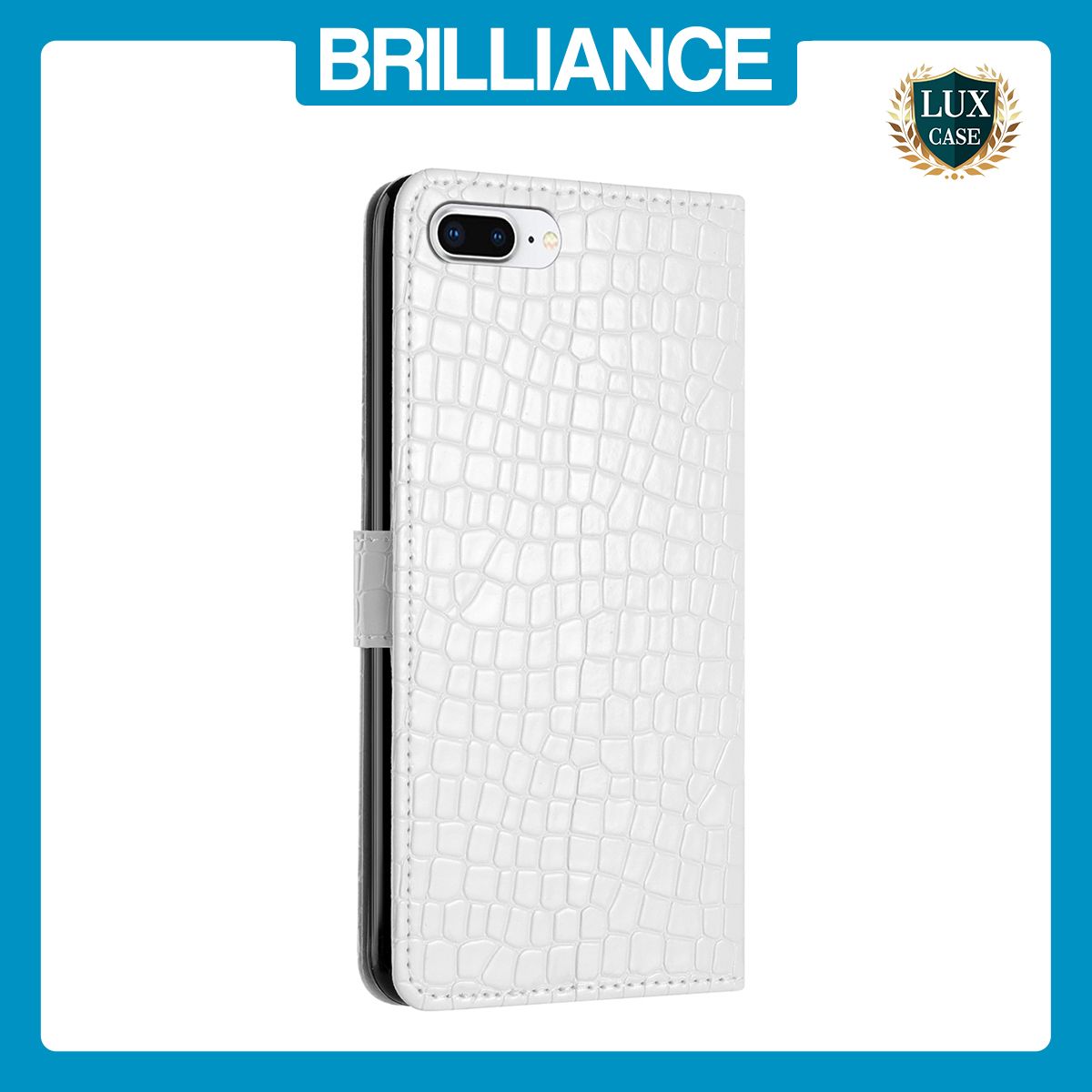 Brilliance LUX iPhone 6P/7P/8P Flip PU Leather Wallet Crocodile Print Card Pockets with Wrist Strap Case White
