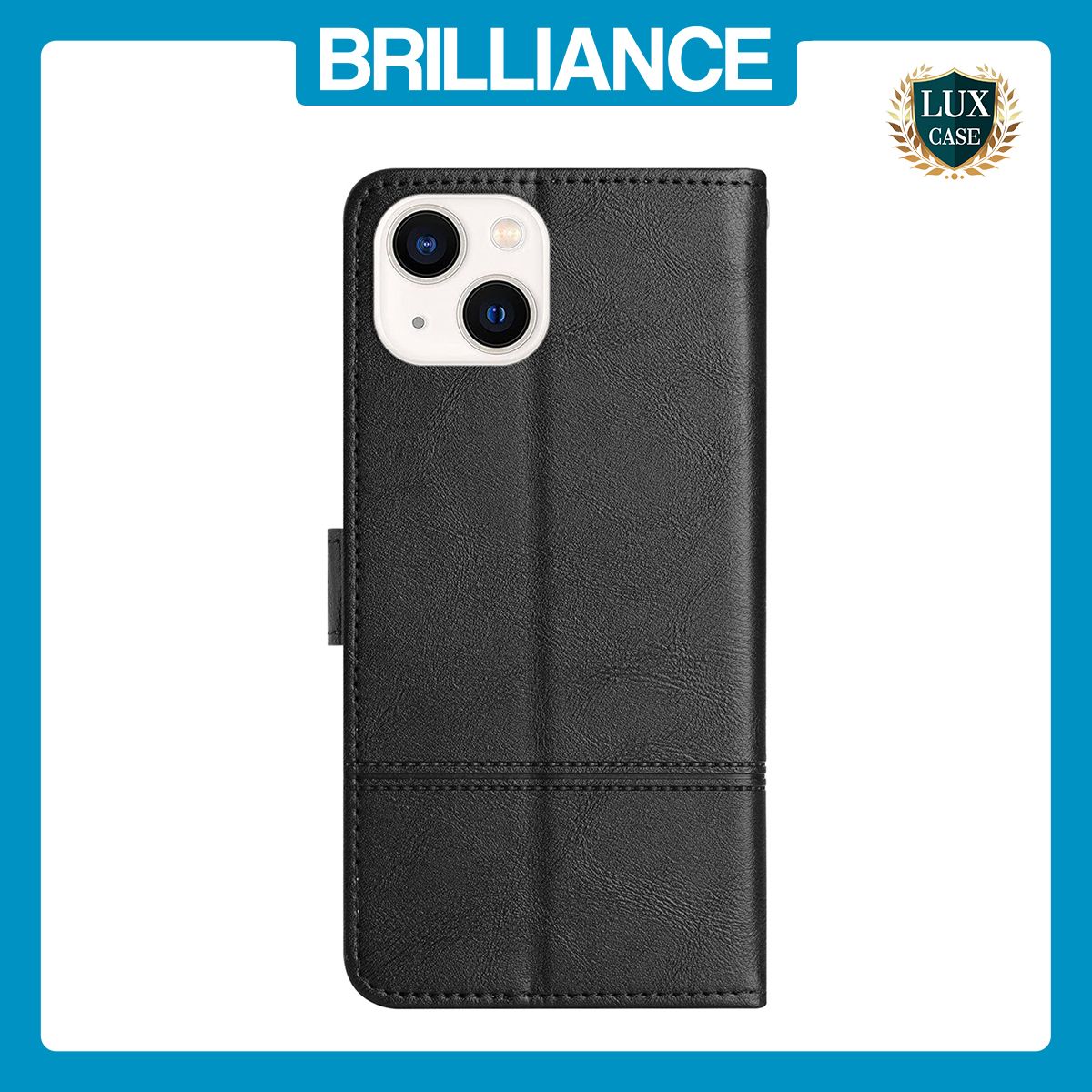 Brilliance LUX iPhone 14 Flip PU Leather Wallet ShockProof Imprinted Cowhide Texture with Wrist Strap Case Black