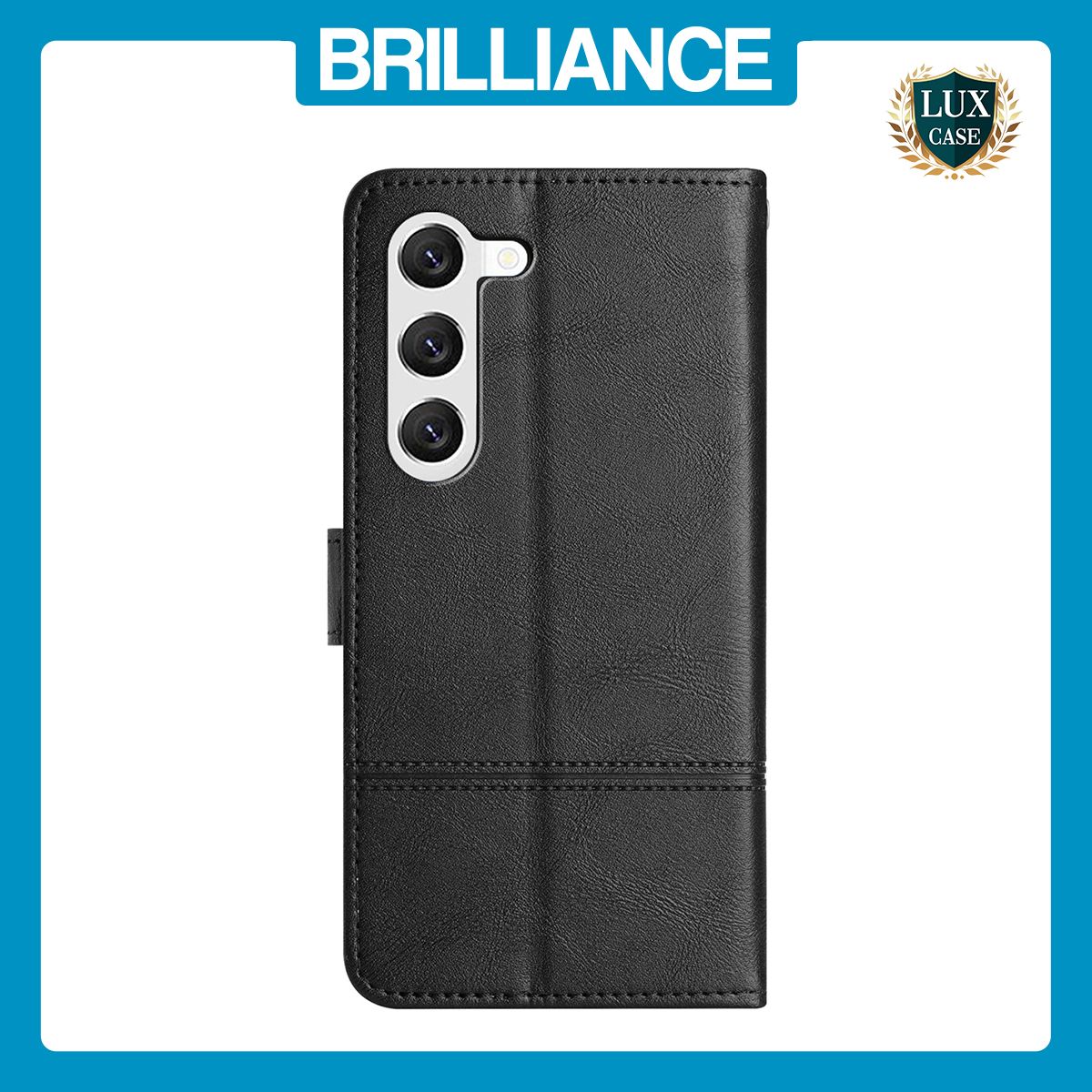 Brilliance LUX Samsung S23 Flip PU Leather Wallet ShockProof Imprinted Cowhide Texture with Wrist Strap Case Black