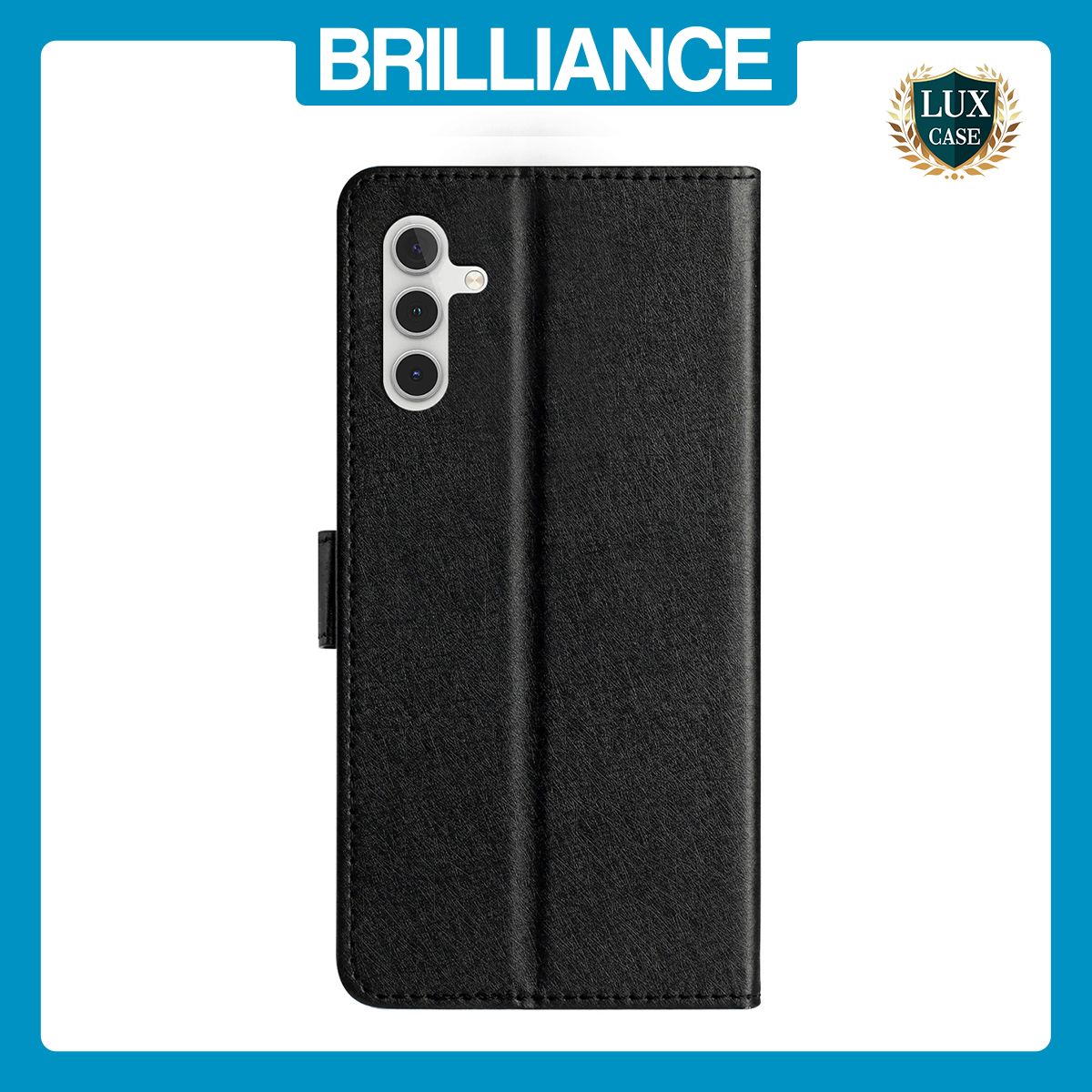 Brilliance LUX Samsung A15 5G Flip PU Leather Wallet Silk Print Card Pockets with Wrist Strap Case Black