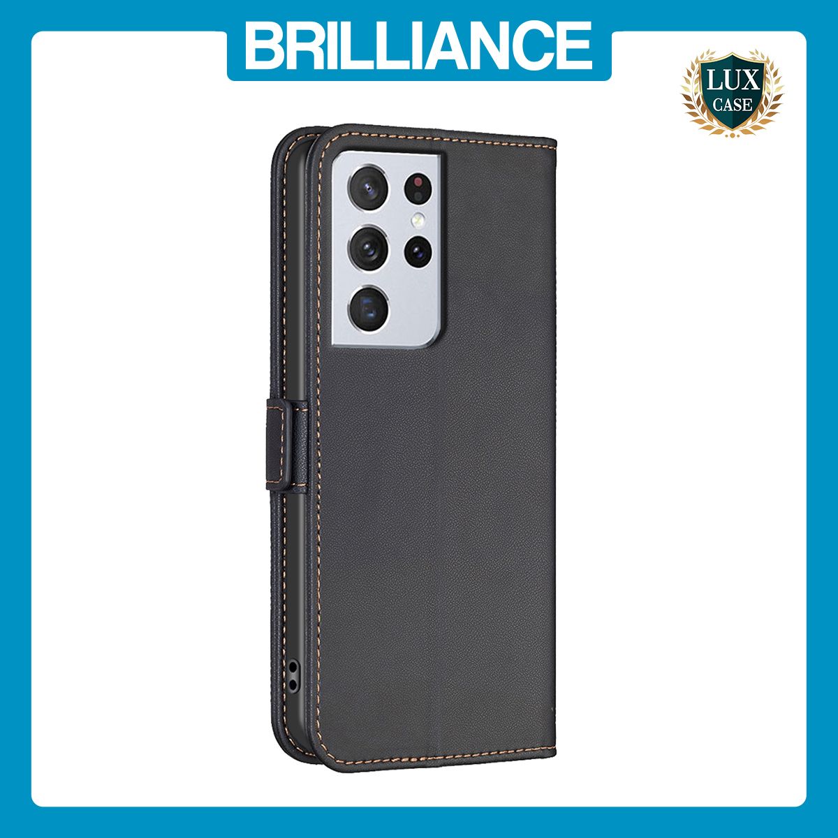 Brilliance LUX Samsung S21 Ultra Flip Book PU Leather Wallet  Holder & Stand with Card Pockets Case Black