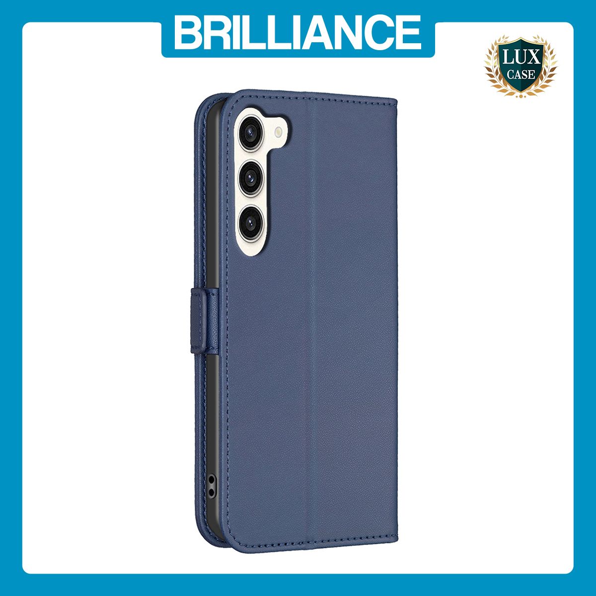 Brilliance LUX Samsung S23 Flip Book PU Leather Wallet Holder & Stand with Card Pockets Case Blue