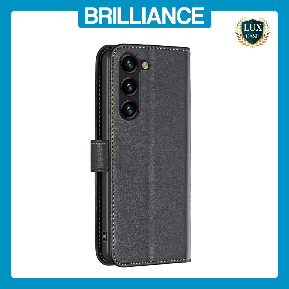Brilliance LUX Samsung S23 Plus Flip Book PU Genuine Leather Detachable Strong Magnetic Wallet with Card Pockets Case Black