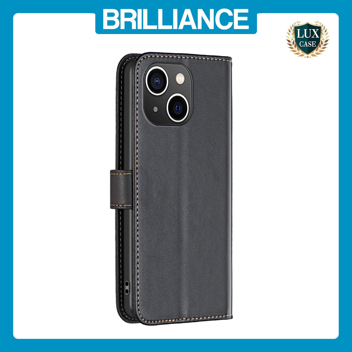 Brilliance LUX iPhone 14 Plus Flip Book PU Genuine Leather Detachable Strong Magnetic Wallet with Card Pockets Case Black
