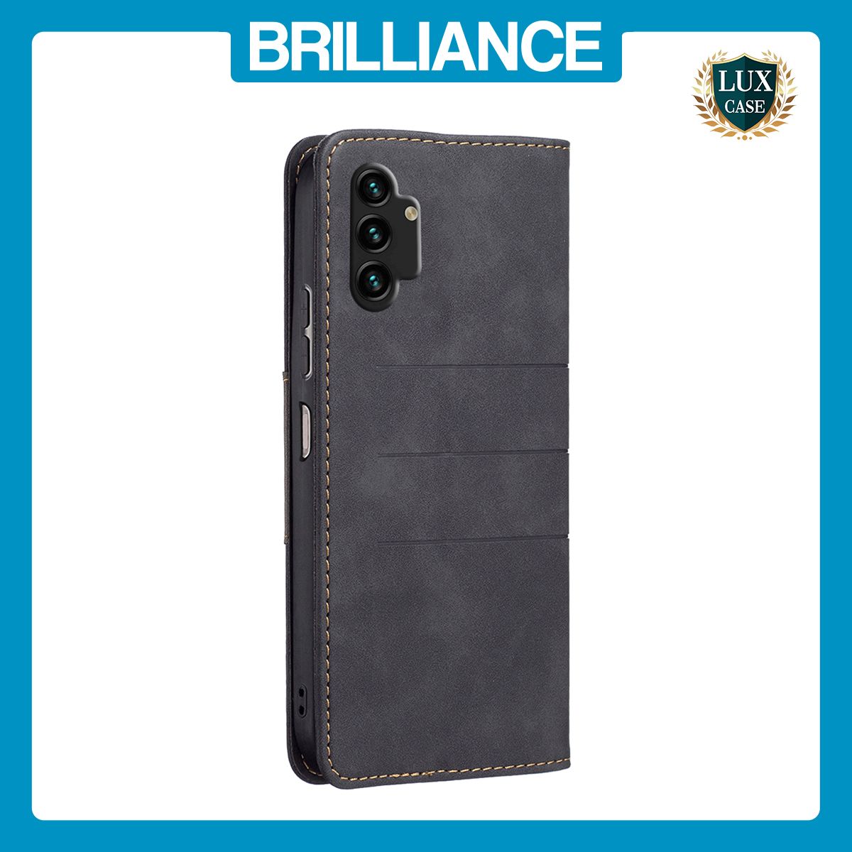 Brilliance LUX Samsung A13 4G Flip PU Leather Stitching Colors Dark Magnetic Wallet with Card Pockets Case Black