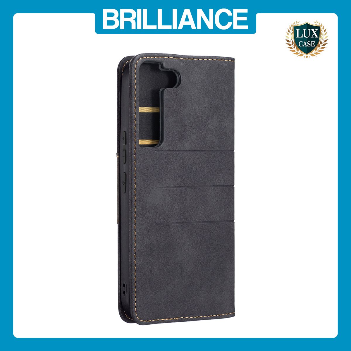 Brilliance LUX Samsung S22 Flip PU Leather Stitching Colors Dark Magnetic Wallet with Card Pockets Case Black