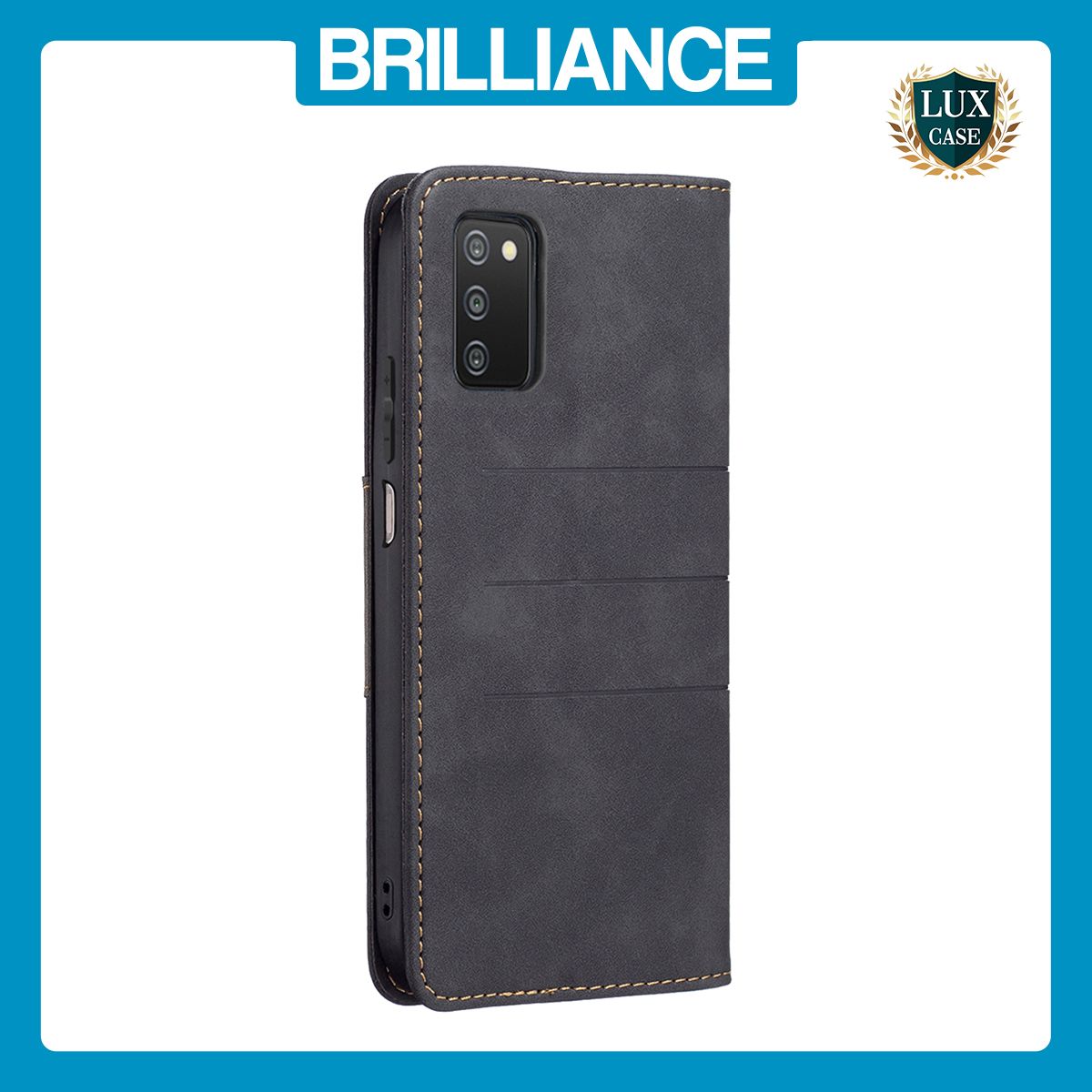 Brilliance LUX Samsung A03S/A02S Flip PU Leather Stitching Colors Dark Magnetic Wallet with Card Pockets Case Black