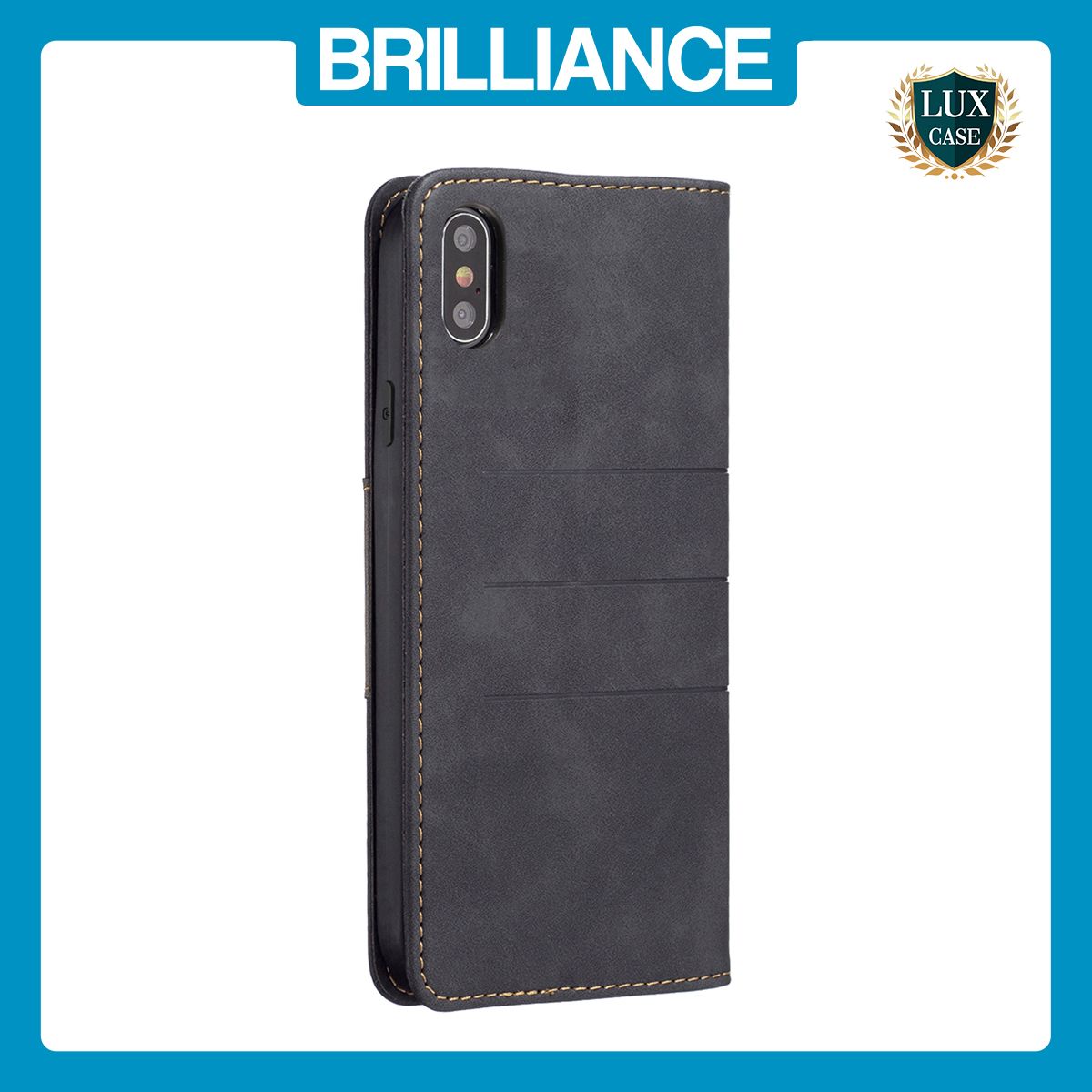 Brilliance LUX iPhone XS Max Flip PU Leather Stitching Colors Dark Magnetic Wallet with Card Pockets Case Black