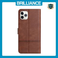 Brilliance LUX iPhone 11 Pro Max Flip PU Leather Wallet ShockProof Imprinted Cowhide Texture with Wrist Strap Case Dark Brown
