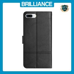 Brilliance LUX iPhone 6P/7P/8P Flip PU Leather Wallet ShockProof Imprinted Cowhide Texture with Wrist Strap Case Black