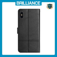 Brilliance LUX iPhone XS Max Flip PU Leather Wallet ShockProof Imprinted Cowhide Texture with Wrist Strap Case Black