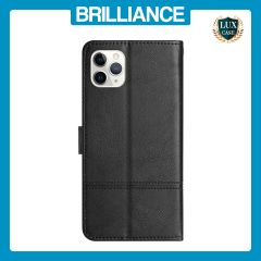 Brilliance LUX iPhone 11 Pro Max Flip PU Leather Wallet ShockProof Imprinted Cowhide Texture with Wrist Strap Case Black