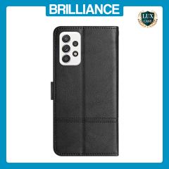 Brilliance LUX Samsung A23 5G Flip PU Leather Wallet ShockProof Imprinted Cowhide Texture with Wrist Strap Case Black