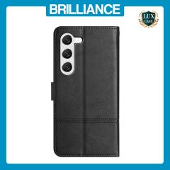 Brilliance LUX Samsung S23 Flip PU Leather Wallet ShockProof Imprinted Cowhide Texture with Wrist Strap Case Black