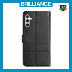 Brilliance LUX Samsung A34 5G Flip PU Leather Wallet ShockProof Imprinted Cowhide Texture with Wrist Strap Case Black