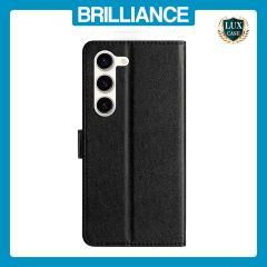 Brilliance LUX Samsung S23 Flip PU Leather Wallet Silk Print Card Pockets with Wrist Strap Case Black