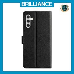 Brilliance LUX Samsung A34 5G Flip PU Leather Wallet Silk Print Card Pockets with Wrist Strap Case Black