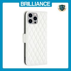 Brilliance LUX iPhone 14 Pro Max Flip Book PU real Leather Wallet Holder & Kickstand with Card Pockets Case White