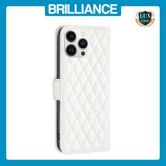 Brilliance LUX iPhone 13 Pro Max Flip Book PU real Leather Wallet Holder & Kickstand with Card Pockets Case White