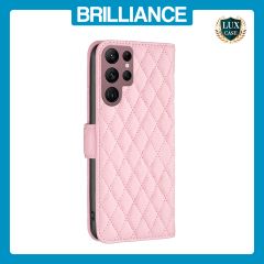 Brilliance LUX Samsung S22 Ultra Flip Book PU real Leather Wallet Holder & Kickstand with Card Pockets Case Pink