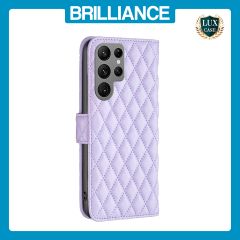 Brilliance LUX Samsung S24 Ultra Flip Book PU real Leather Wallet Holder & Kickstand with Card Pockets Case Purple