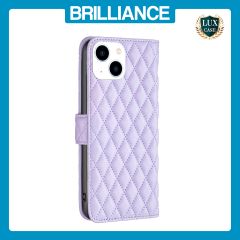 Brilliance LUX iPhone 15 Flip Book PU real Leather Wallet Holder & Kickstand with Card Pockets Case Purple