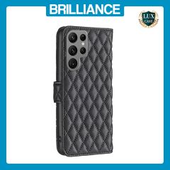 Brilliance LUX Samsung S23 Ultra Flip Book PU real Leather Wallet Holder & Kickstand with Card Pockets Case Black