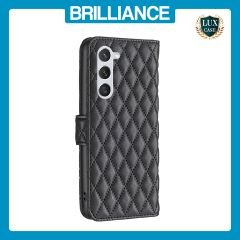 Brilliance LUX Samsung S23 Flip Book PU real Leather Wallet Holder & Kickstand with Card Pockets Case Black
