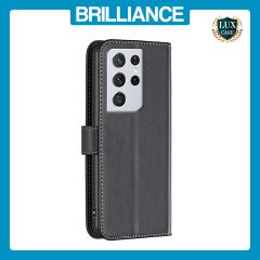 Brilliance LUX Samsung S21Ultra Flip Book PU Genuine Leather Detachable Strong Magnetic Wallet with Card Pockets Case Black
