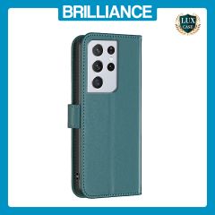 Brilliance LUX Samsung S21 Ultra Flip Book PU Genuine Leather Detachable Strong Magnetic Wallet with Card Pockets Case Green