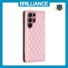 Brilliance LUX Samsung S22 Ultra Flip PU Leather Holder Slots Magnetic Wallet with Card Pockets Case Pink