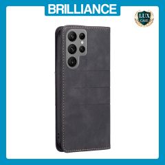 Brilliance LUX Samsung S23 Ulltra Flip PU Leather Stitching Colors Dark Magnetic Wallet with Card Pockets Case Black