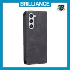 Brilliance LUX Samsung S23 Flip PU Leather Stitching Colors Dark Magnetic Wallet with Card Pockets Case Black