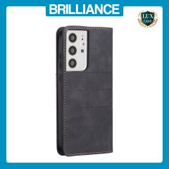 Brilliance LUX Samsung S22 Ultra Flip PU Leather Stitching Colors Dark Magnetic Wallet with Card Pockets Case Black