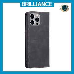 Brilliance LUX iPhone 14 Pro Max Flip PU Leather Stitching Colors Dark Magnetic Wallet with Card Pockets Case Black