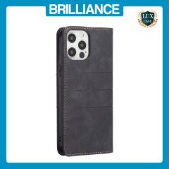 Brilliance LUX iPhone 12 / 12 Pro Flip PU Leather Stitching Colors Dark Magnetic Wallet with Card Pockets Case Black