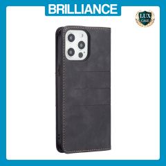 Brilliance LUX iPhone 12 Pro Max Flip PU Leather Stitching Colors Dark Magnetic Wallet with Card Pockets Case Black