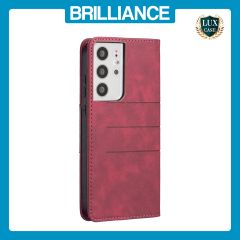 Brilliance LUX Samsung S22 Ultra Flip PU Leather Stitching Colors Dark Magnetic Wallet with Card Pockets Case Red